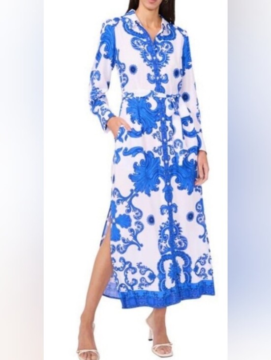 1. State Dresses & Skirts - 1. State EUC Large Blue & White Printed Maxi Dress with Belt PTP 21
